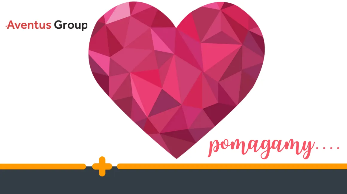 Grafika z logo Aventus Group obok różowo-czerwonego serca i napisu „pomagamy…”