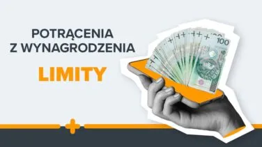 Telefon w dłoni z wystającymi pieniędzmi, obok napis: Potrącenia z wynagrodzenia – limity